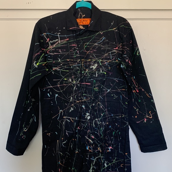 Vintage 90s Red Kap black utility coveralls, puffy paint splatter design - Picture 11 of 15